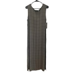 NWT Maxi Dress XL Gray Windowpane Plaid Tencel Sleeveless Side Slit Minimalist